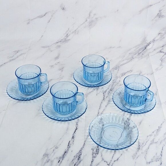 Fortecrisa Mexico Blue Glass Mugs and Saucers Scalloped Vintage Set of 5 - Picture 2 of 6